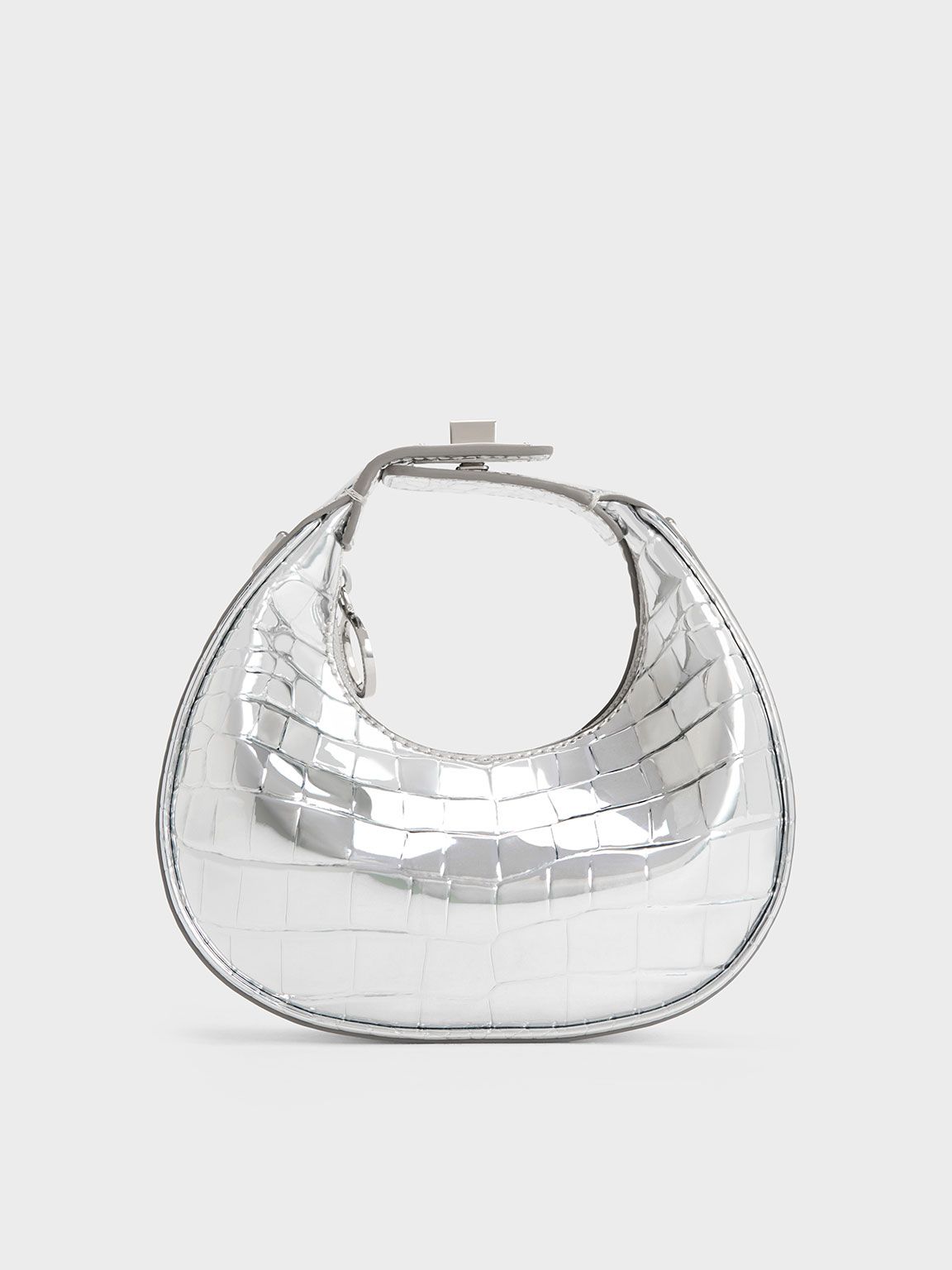 Mini Croc-Effect Metallic Moon Bag
 - Silver | Charles & Keith US