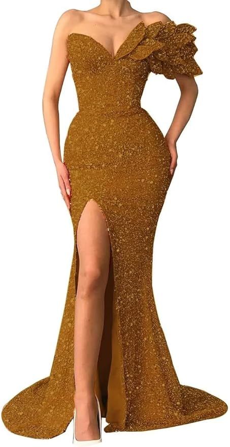 Sequin Mermaid Prom Dresses 2024 Sparkly One Shoulder Evening Gonws Flower Sleeve V-Neck Formal P... | Amazon (US)