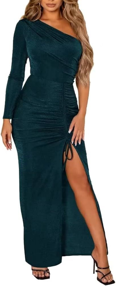 Women One Shoulder Long Sleeve Velvet Bodycon Dress Ruched High Slit Maxi Party Formal Evening Gowns | Amazon (US)