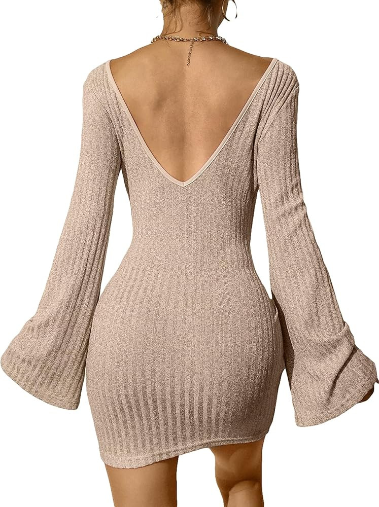 OYOANGLE Women's Bodycon Dress Backless V Neck Long Flounce Sleeve High Waist Ribbed Knit Bodycon... | Amazon (US)