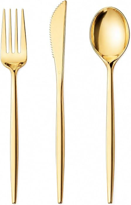 PULOTE 150PCS Gold Plastic Silverware Disposable - Heavy Duty Gold Plastic Cutlery - Gold Plastic... | Amazon (US)