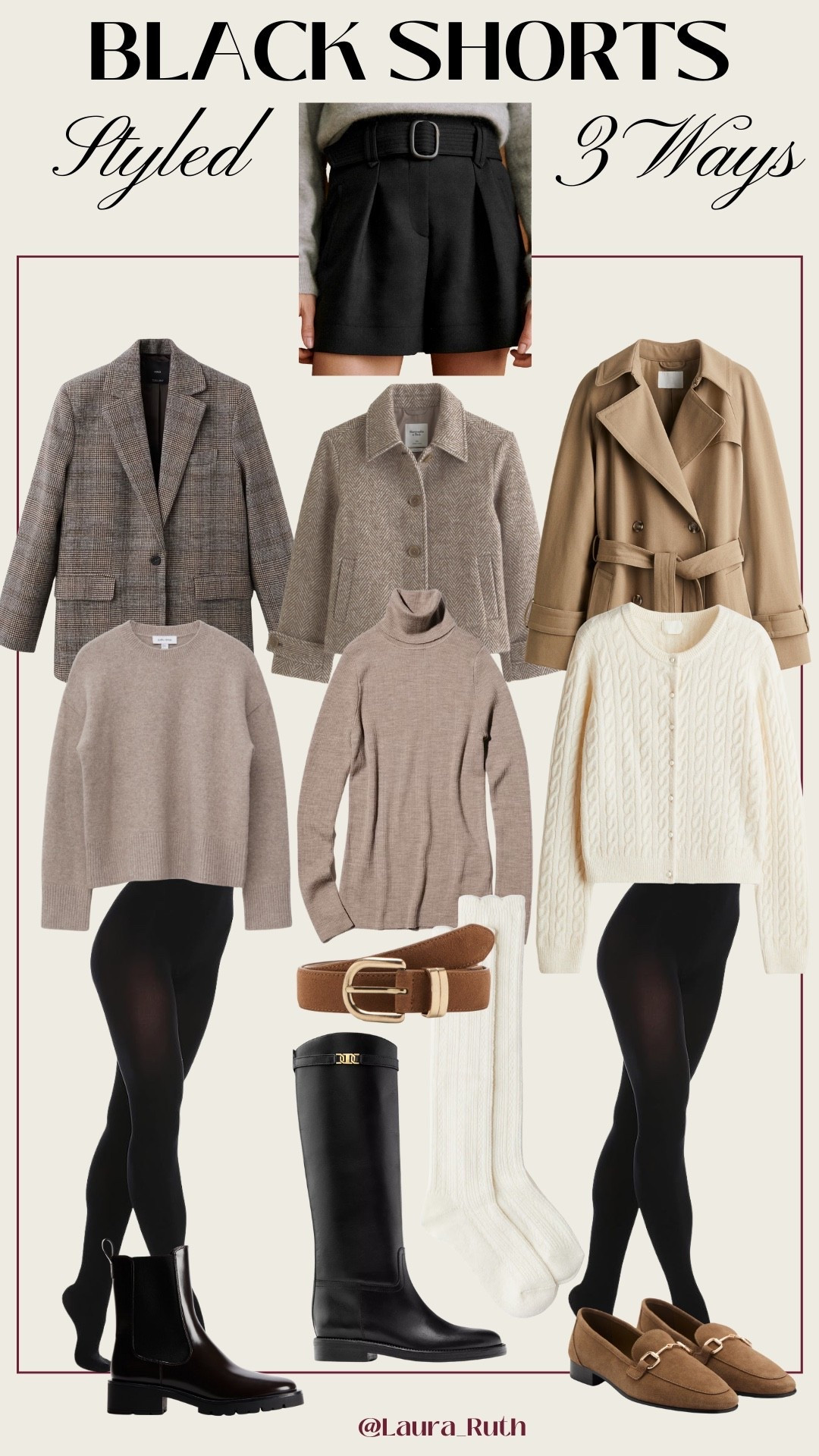 🖤 Black Shorts Styled 3 Ways 🖤
Elevate your Autumn/Winter outfits with this chic staple piece and my go to, black tailored shorts! Here are 3 effortless ways to style them:

1️⃣ Classic & Polished: Plaid blazer, cosy knit, and ankle boots for a timeless look.
2️⃣ Chic & Neutral: Turtleneck, cropped jacket, knee high boots & cosy socks.
3️⃣ Soft & Feminine: Cream cable knit, trench coat, and loafers for an elevated casual vibe.

Perfect for transitioning seasons! Layer with tights, knits, and structured outerwear for that cosy luxe feel. 🍂✨

#LTKautumn #LTKstyletip #LTKuk