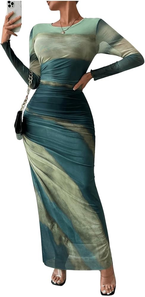 Women's Tie Dye Long Sleeve Maxi Dress Bodycon Ruched Night Out Formal Cocktail Long Dress for We... | Amazon (US)