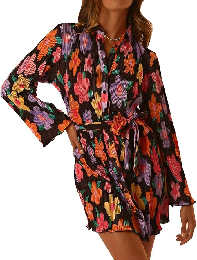 Neufigr Shirt Dresses for Women Summer Dresses Vneck Long Sleeve Mini Button Down Dress Casual Ru... | Amazon (US)