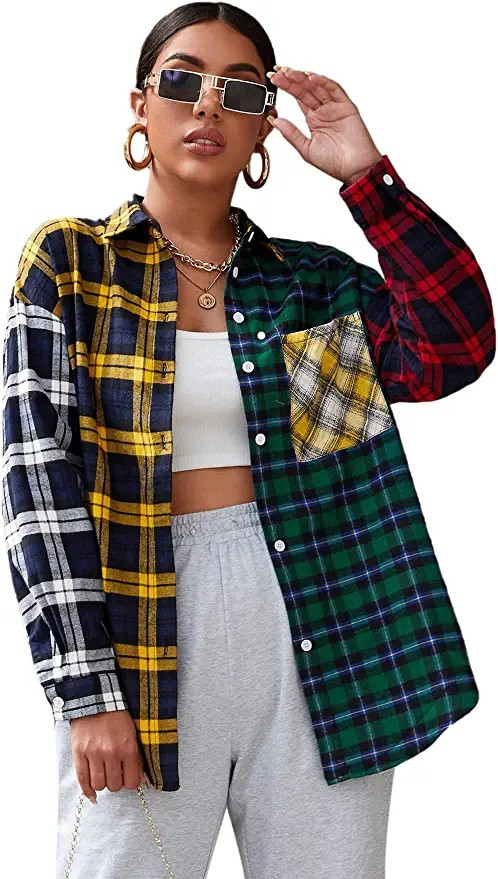Floerns Women's Tartan Color Block Long Sleeve Plaid Button Down Blouse | Amazon (US)