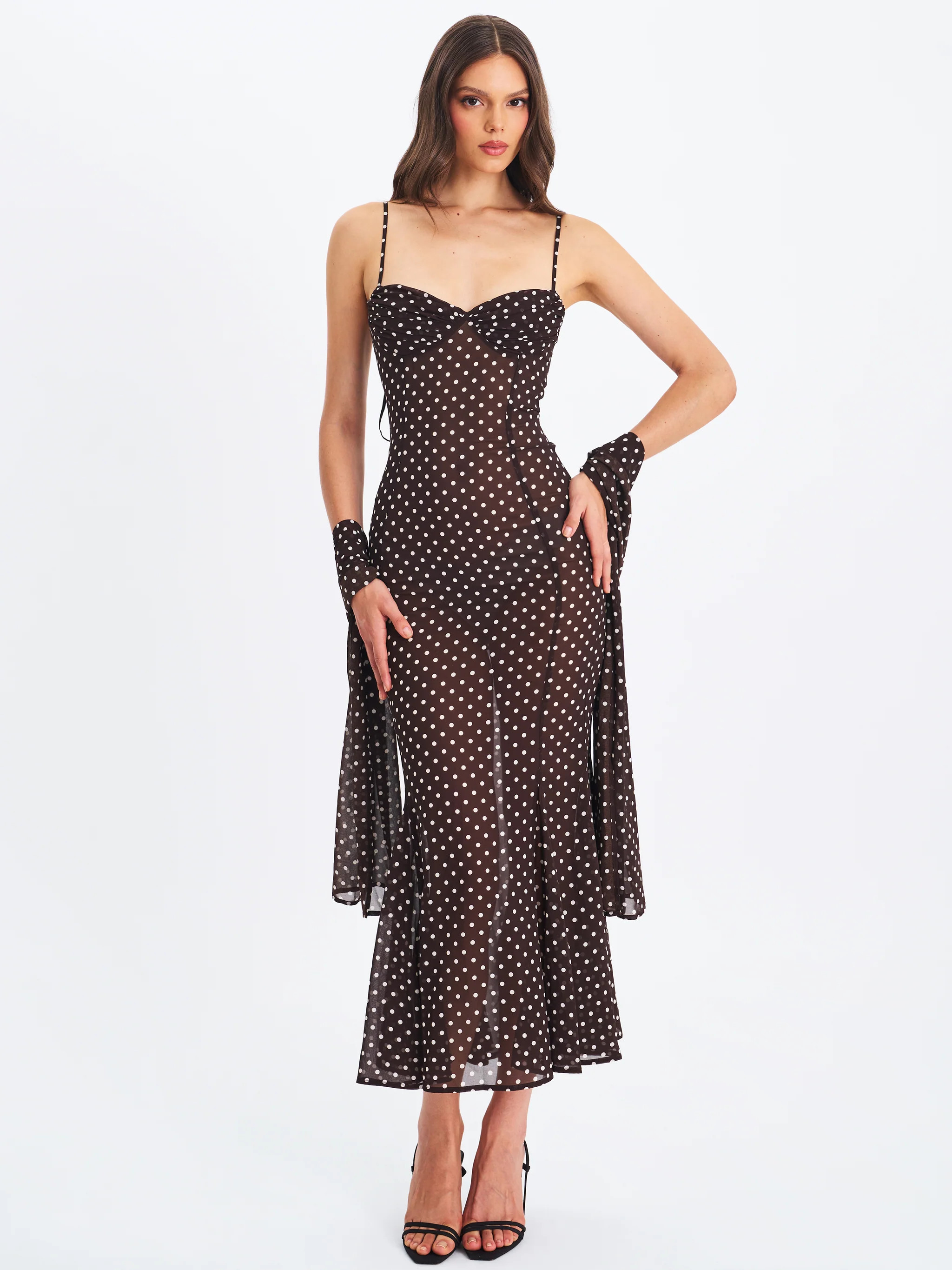 Yadira Brown Base Polka Dot Chiffon Maxi Dress | Miss Circle