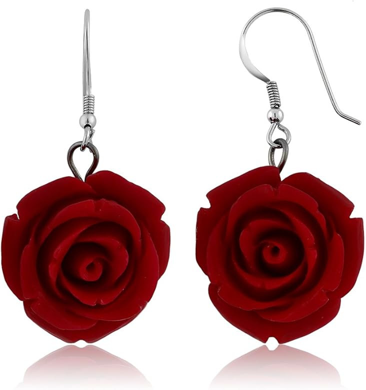 Gem Stone King 20MM 925 Sterling Silver Red Simulated Coral Carved Rose Flower Earrings | Amazon (US)