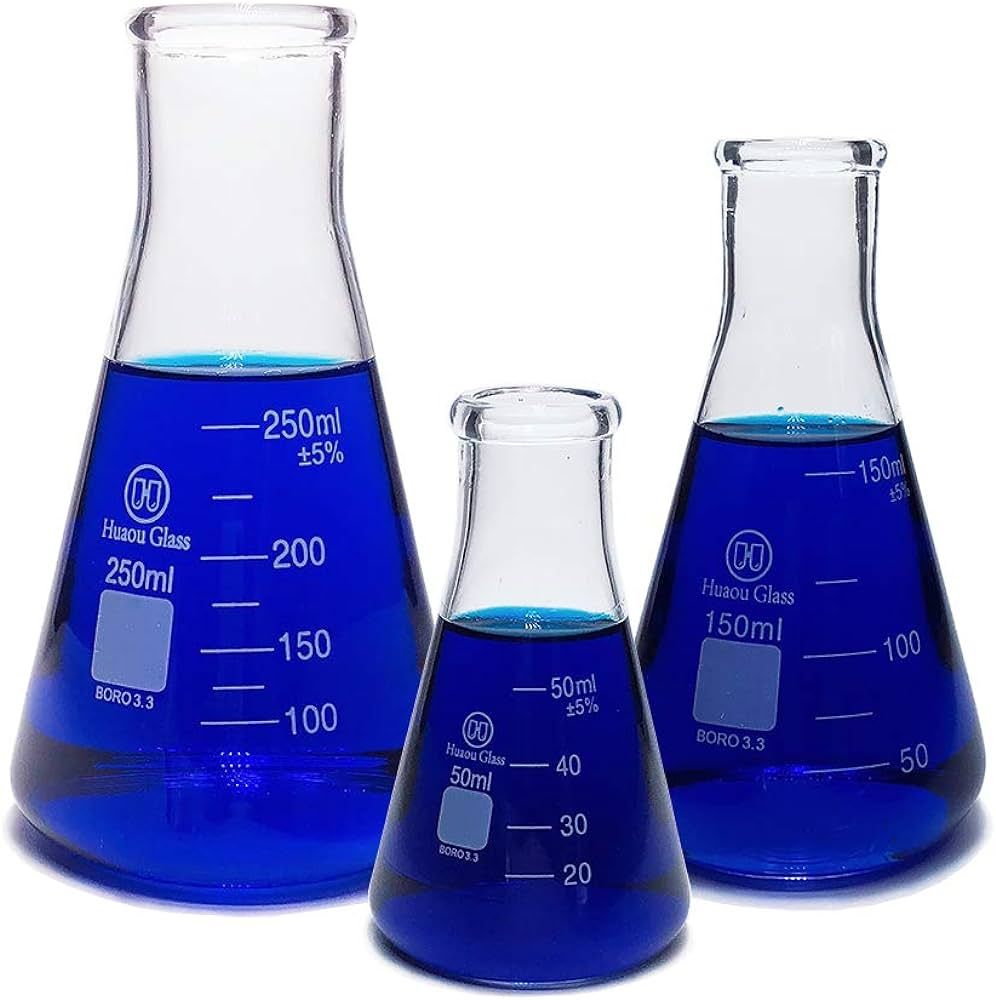 Glass Erlenmeyer Flask Set 50ml 150ml and 250ml, Narrow Mouth Graduated Flasks, 3.3 Borosilicate ... | Amazon (US)