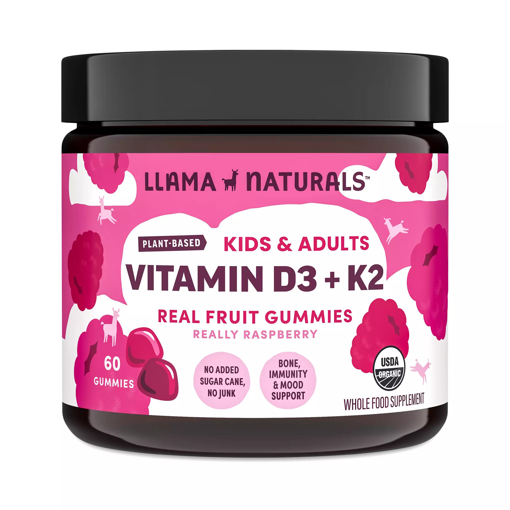 Llama Naturals Organic Vitamin D3 + K2 Real Fruit Gummies for Kids & Adults, Raspberry 60 gummies | Thrive Market