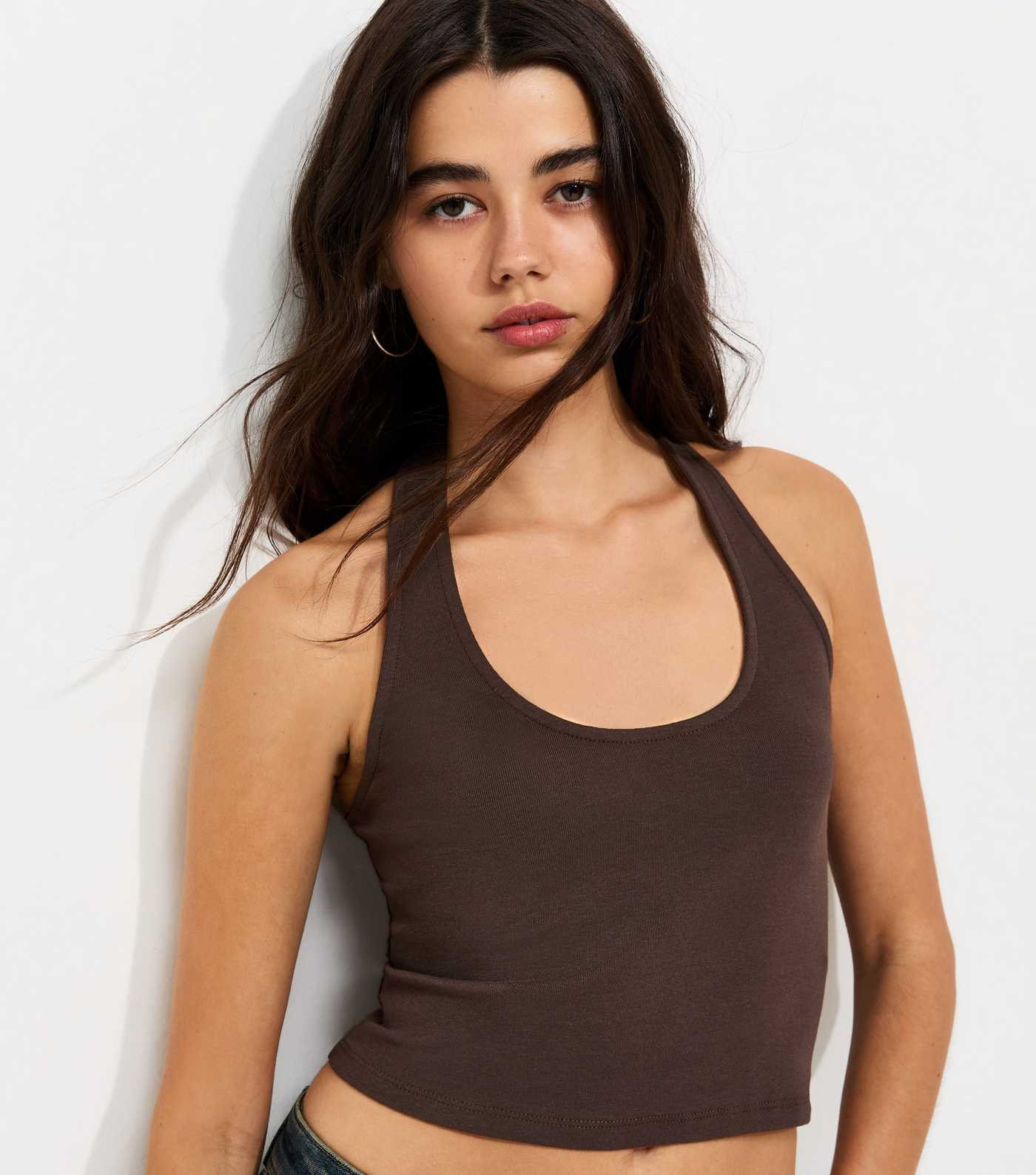 Dark Brown Cotton Rich Scoop Halter Neck Top | New Look | New Look (UK)