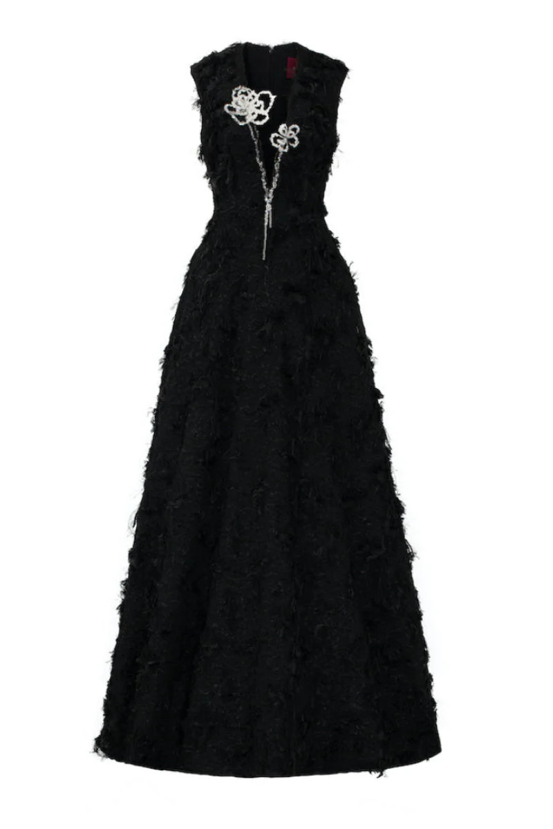 SLEEVELESS FRINGE JACQUARD V-NECK FLARED MAXI DRESS | L'SCARLETT | CULT MIA | CULT MIA UK LTD