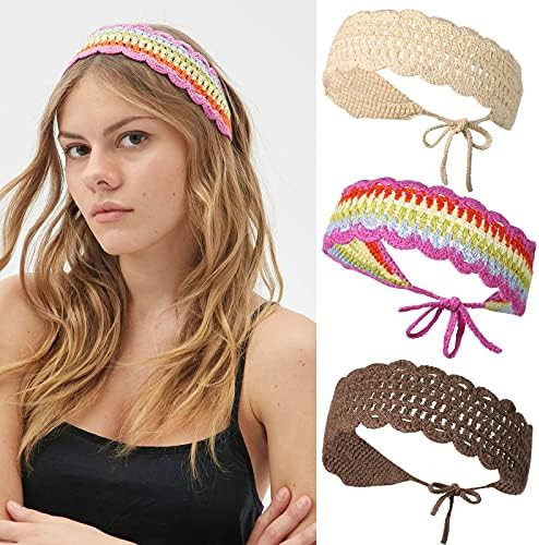 Crochet Headband Women Floral Hairband - 3PCS Daisy Floral Elastic Handmade Crochet Head Wrap Boh... | Amazon (US)