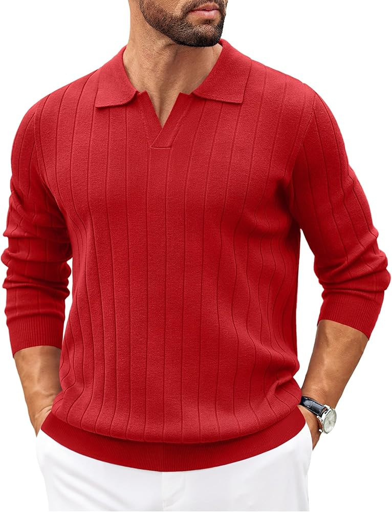 COOFANDY Mens Sweaters Polos Long Sleeve V Neck Knit Polo Lightweight Casual Pullover Sweater | Amazon (US)