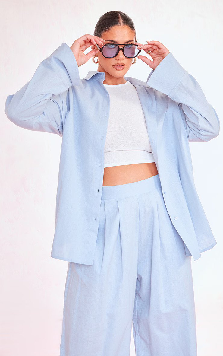 Plus Dusty Blue Linen Look Shirt | PrettyLittleThing US