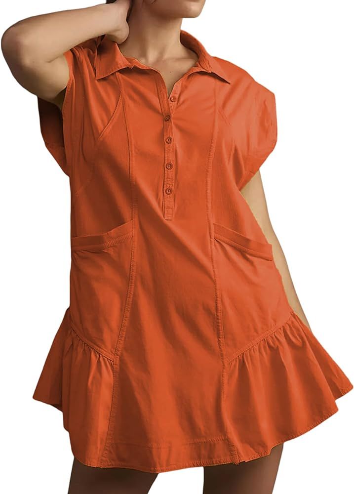 EsheSy Women's Button Down Shirt Dress Short Sleeve Patchwork Mini Dress with Pockets | Amazon (US)
