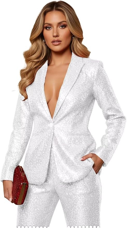 Sequin Suits for Women Business Casual Peak Lapel Glitter Women Pants Suits 2 Piece 1 Button Wome... | Amazon (US)