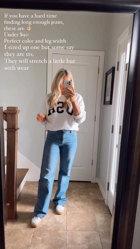 Wide leg jeans under $90 for the WIN! I sized up to a 28 but some say they are tts. Wide leg darker demin 
Teen style 
Casual mom style 

#LTKstyletip #LTKover40 #LTKfindsunder100