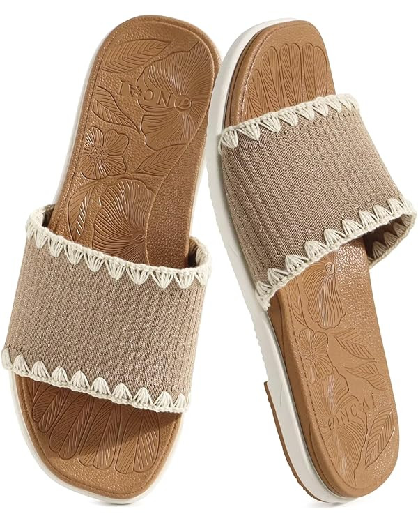 ONCAI Women’s Flat Slides Sandals Soft Knitted with Golden Thread Inlay Summer Vacation Walking... | Amazon (US)