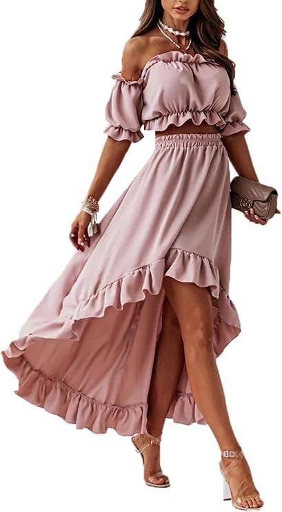 LYANER Women's Two Pieces Outfits Off Shoulder Crop Top and High Low Skirt Set | Amazon (US)