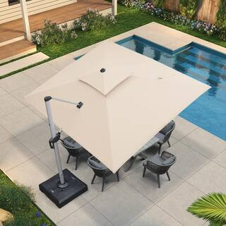 9 ft. x 11 ft. High-Quality Aluminum Cantilever Outdoor Patio Umbrella with Base, Beige | The Home Depot