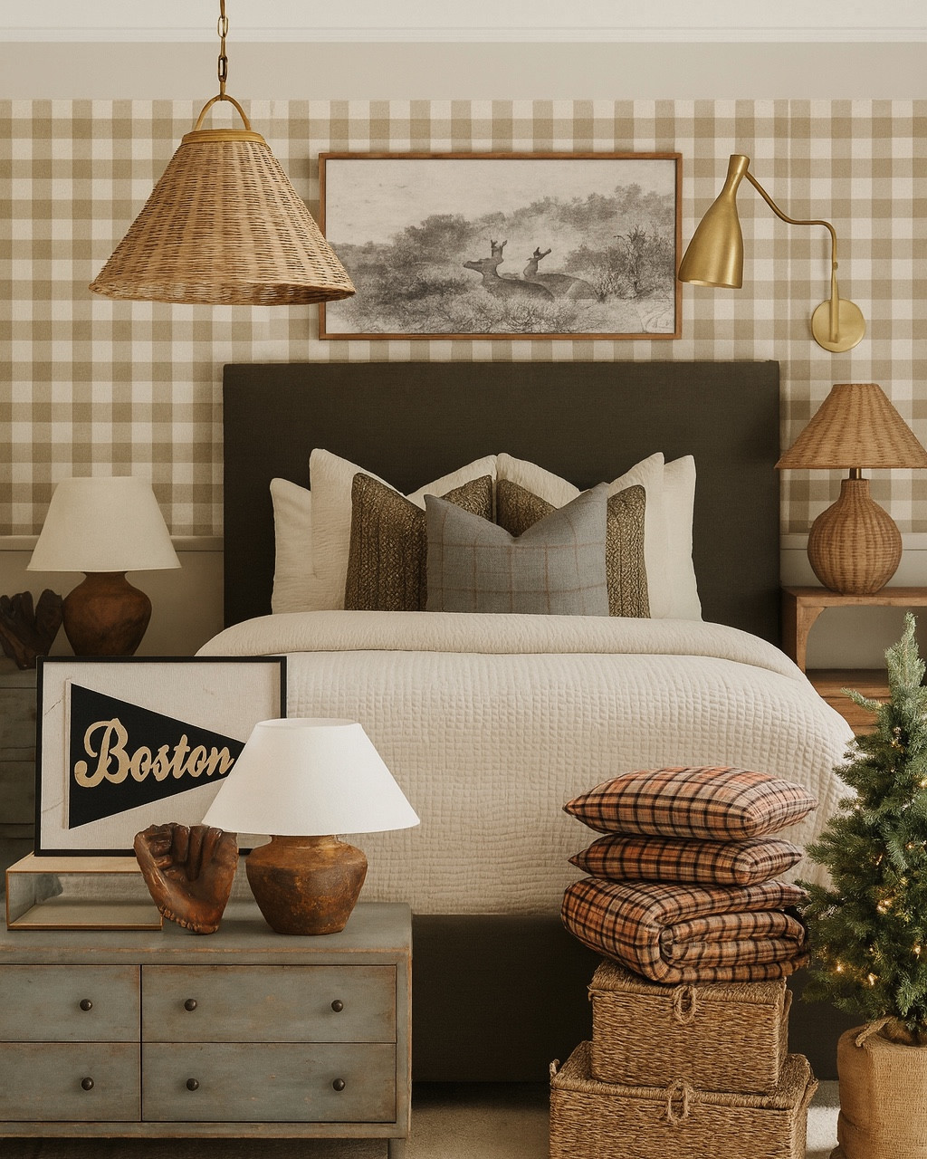 Boys bedroom, holiday boys bedroom, plaid, wallpaper, rattan, pendant, light, wall, sconces, dresser, nightstand, Wayfair, poster, bed, platform, bed, throw pillow pillows, sketch, art, neutral

#LTKSaleAlert #LTKHome #LTKStyleTip