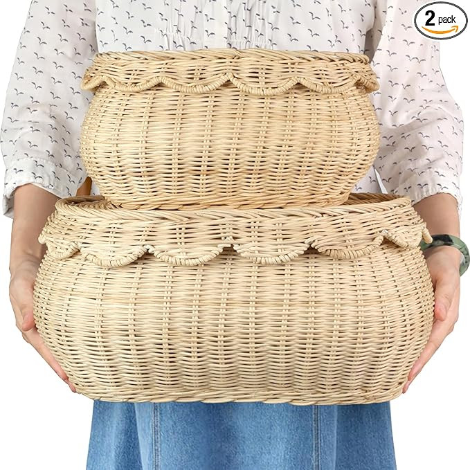 2pcs Hand Woven Rattan Scallopped Baskets with Lid, Small Rattan Basket, Decorative Wicker Storag... | Amazon (US)