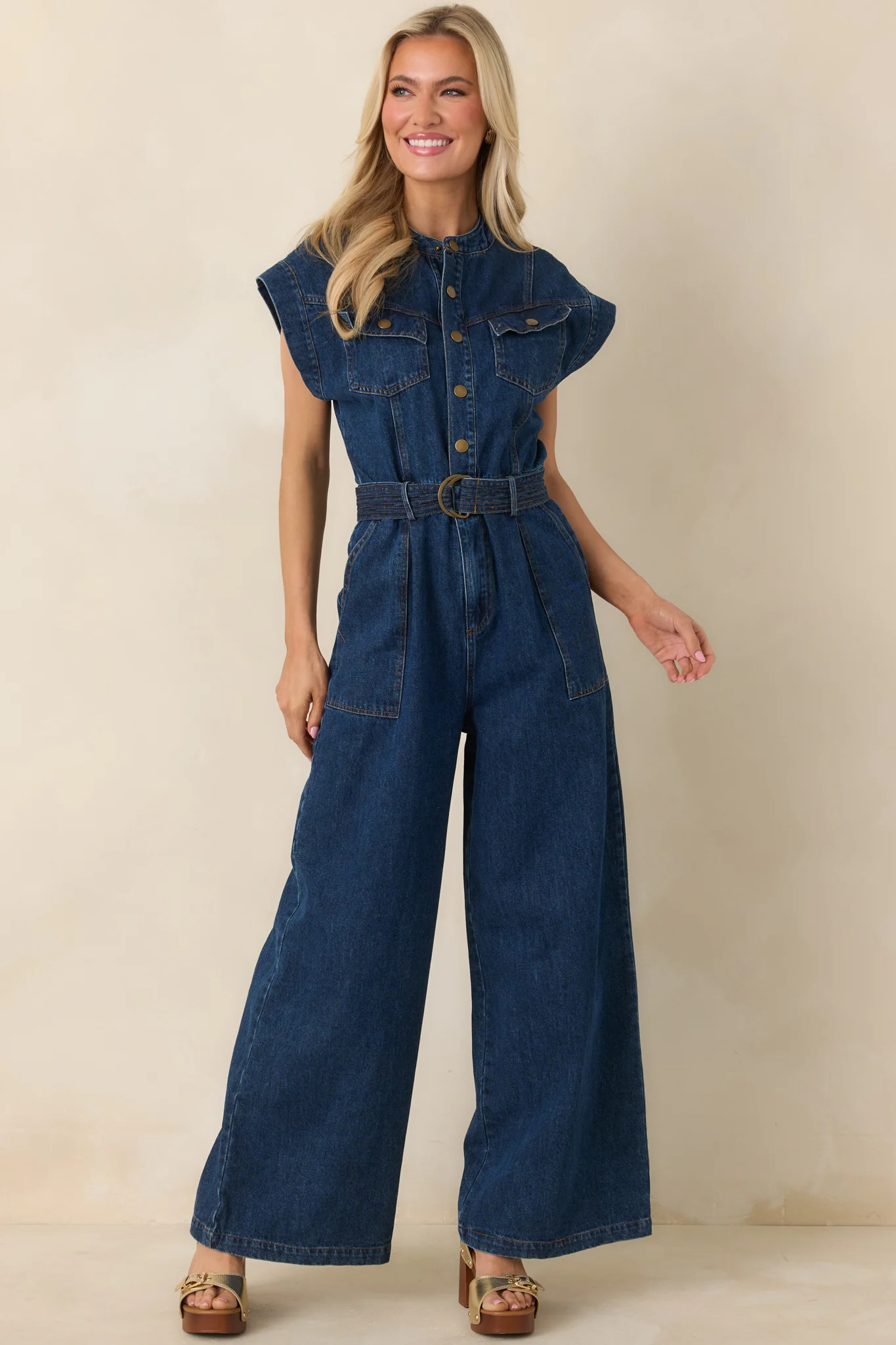 In the Fun Way Dark Wash Cotton Denim Belted Jumpsuit | Red Dress