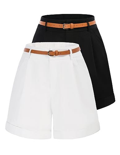 Women White Shorts Casual Beach Shorts High Waist Cotton Shorts (Black+White, S) | Amazon (US)