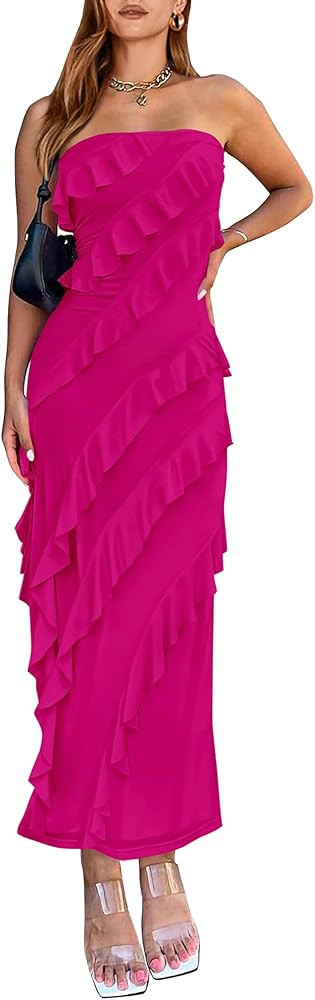 BTFBM Women Summer Elegant Strapless Midi Ruched Bodycon Dress Solid Color Stretch Mesh Slim Part... | Amazon (US)