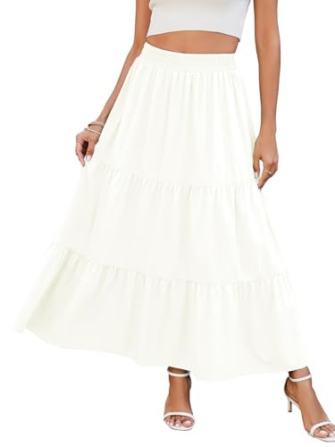 HUSKARY Women Summer White Maxi Skirt Casual Elastic High Waist Pleated A-Line Flowy Swing Tiered Beach Vacation Skirts L | Amazon (US)