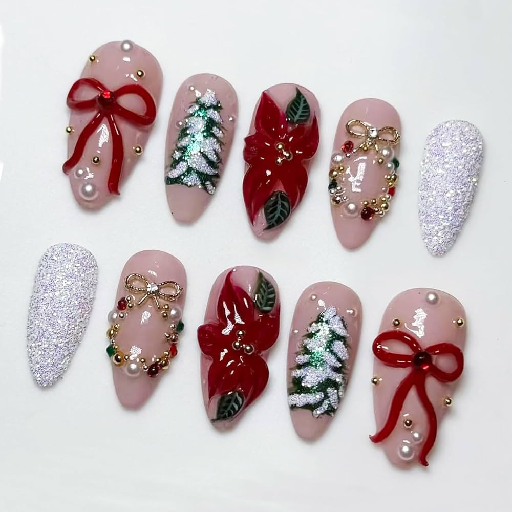 24Pcs Christmas Press on Nails Medium Almond Fake Nails with 3D Flower Xmas Bow Light Strip Bead ... | Amazon (US)