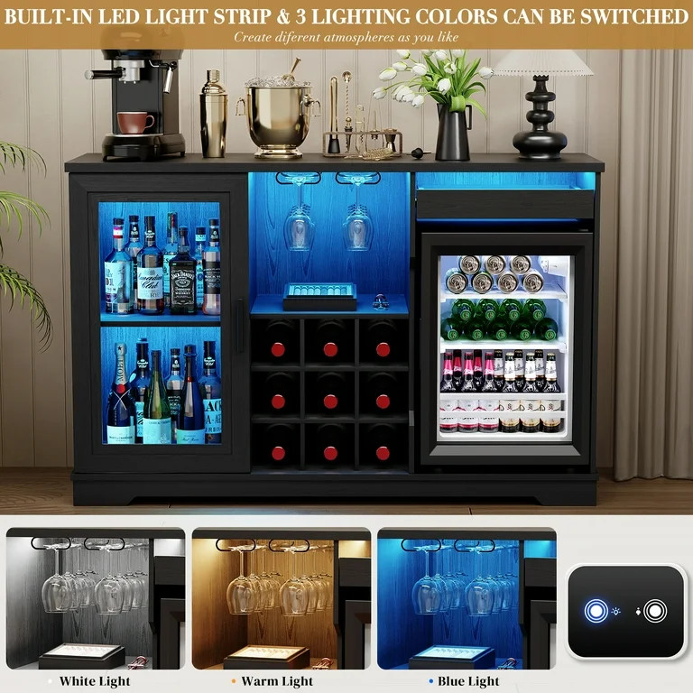 Wine Bar Cabinet with LED Lights & Fridge(lncluded), Mini Fridge Cabinet with Wine Storage, Human... | Walmart (US)