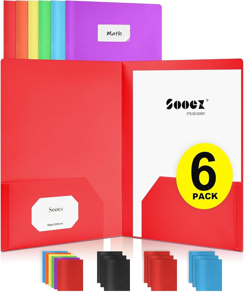 Sooez 6 Pack Plastic Pocket Folders with Labels, Heavy Duty Plastic File Folders with Pockets, Co... | Amazon (US)