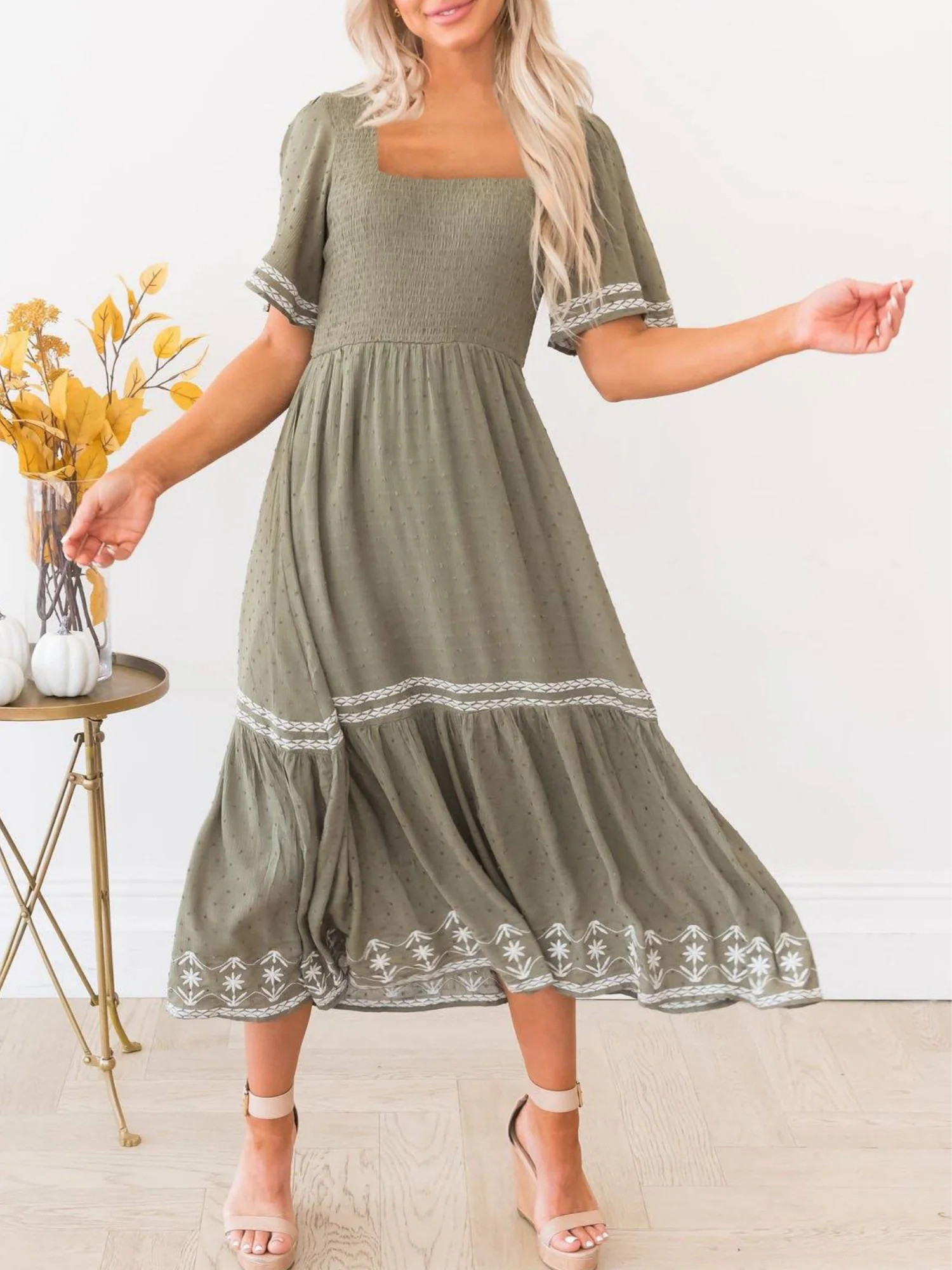 'Parris' Square Neck Embroidery Maxi Dress (4 Colors) | Goodnight Macaroon