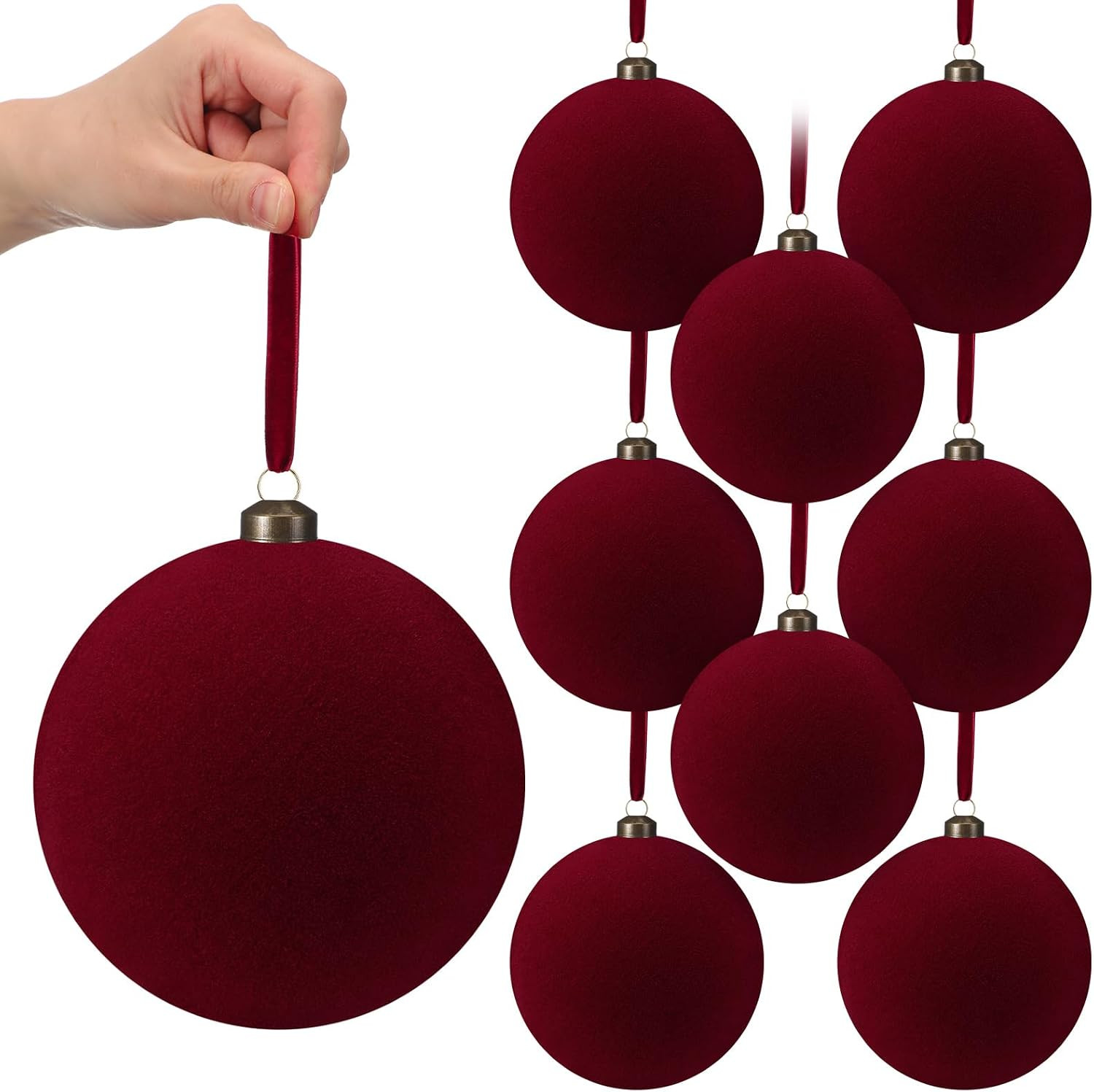 RoundFunny 8 Pcs 6 Inch Velvet Flocked Christmas Ball Ornaments, Burgundy | Amazon (US)