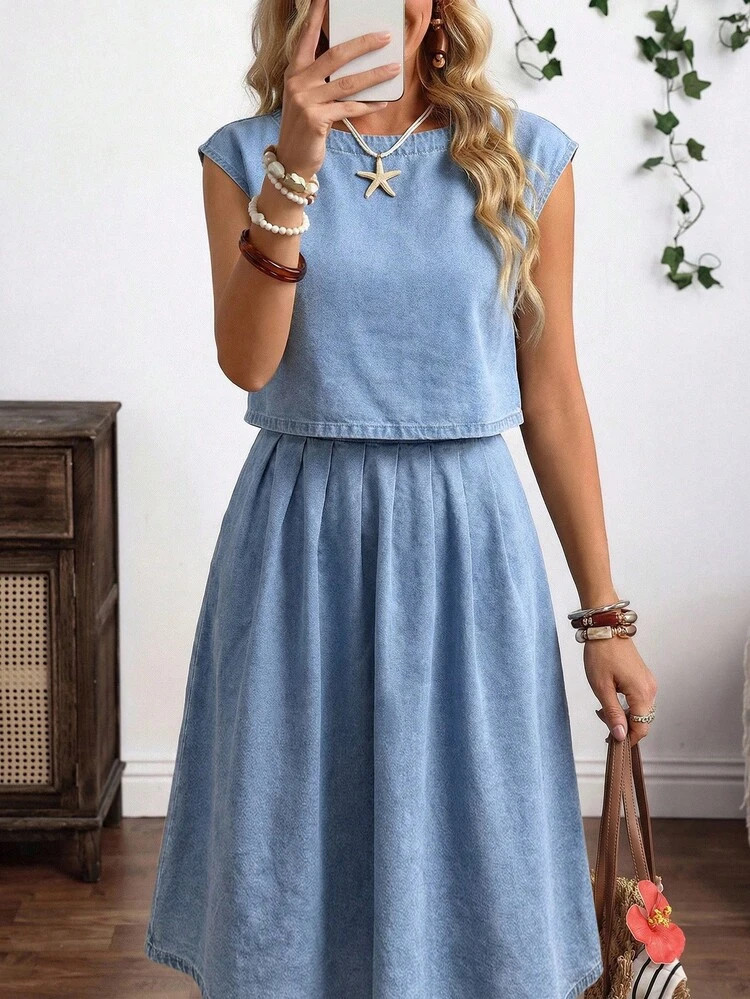 Breezaya Women's Casual Vacation & Commute Bat Wing Loose Denim Top And Pleated Skirt Set, Summer | SHEIN