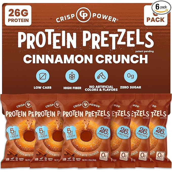 CRISP POWER Protein Pretzels, NEW Cinnamon Crunch, 26G Protein, High Protein Snack, High Fiber, L... | Amazon (US)