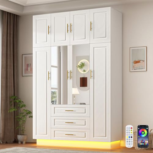 Hlivelood Large Armoire Wardrobe Closet Cabinet with Drawers and LED Lights, Multi-Tier Shelves, Hanging Rod, Large Capacity Storage 4 Door Wardrobe Armoire with Top Cabinet for Bedroom, White | Amazon (US)