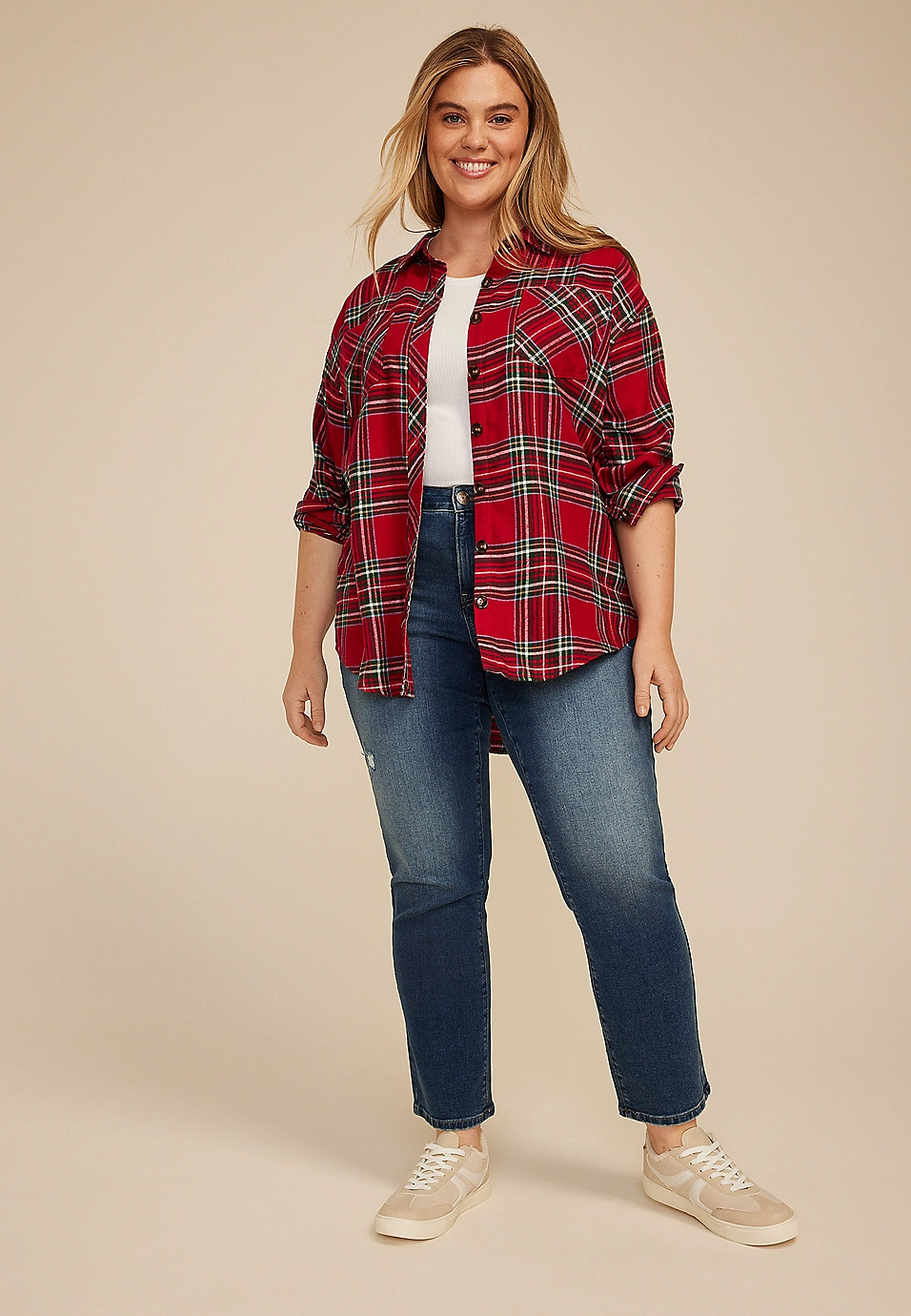 Plus Size Plaid Boyfriend Tunic Button Down Shirt | Maurices