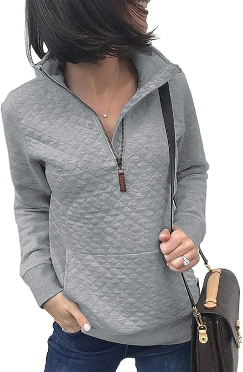 BTFBM Women Fashion Quilted Pattern Lightweight Zipper Long Sleeve Plain Casual Ladies Sweatshirt... | Amazon (US)