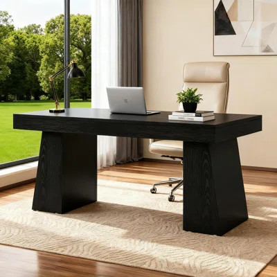 55 Inch Mid Century Modern Executive Desk – Home Office Computer Workstation with Double Trapezoid Base, Sleek Writing Table and Conference Desk, Blac | Wayfair North America