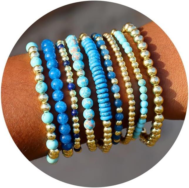 shopbyskyler 9PCS Gold Bracelets for Women Heart Stone Beaded Bracelets Gold Stretch Bracelets fo... | Amazon (US)