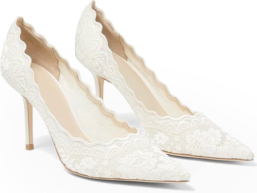 Celbreez White Wedding Shoes for Women Lace Heels Bridal Shoes Vintage Closed Pointed Toe Stilett... | Amazon (US)