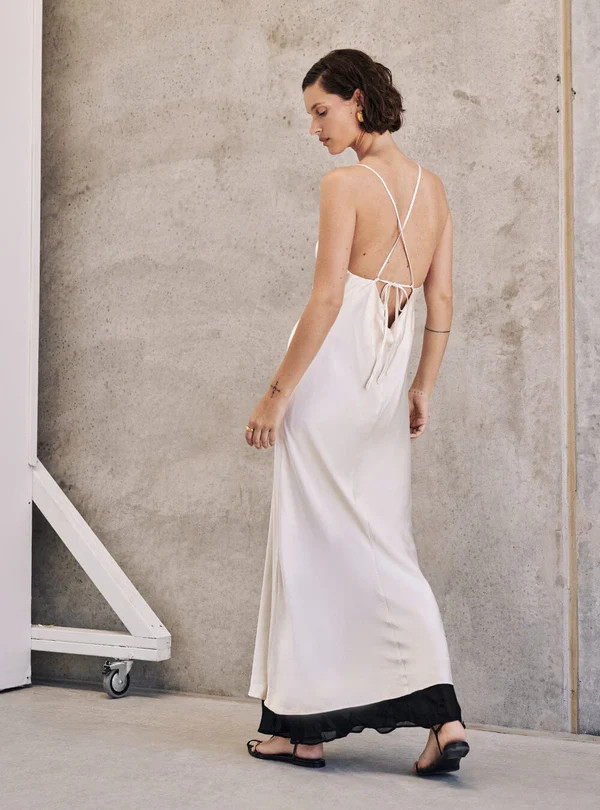 FAY CREAM SATIN V NECK SLIP MAXI DRESS | DISSH