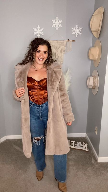 Midsize winter transition date night outfit inspo ❄️🥂 
Top: 12-14 
Jeans: 12
Coat: XL 
#midsizeoutfits #ootn #datenightoutfit #wintertransition #edgyoutfit #styleinspo #corset #satintop #jeans #denim #straightjeans #curvyjeans #coat #furcoat #jacket #outerwear #tights #boots #booties 

#LTKstyletip #LTKSeasonal #LTKcurves