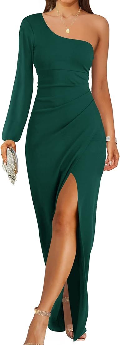 Women's 2023 One Shoulder Long Sleeve Cocktail Dress Sexy High Slit Ruched Bodycon Wedding Guest ... | Amazon (US)