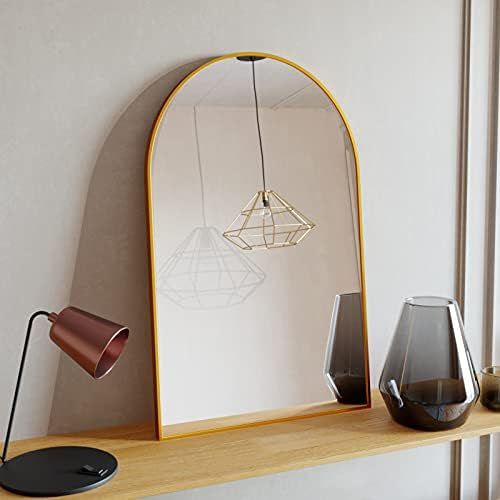 BEAUTYPEAK Wall Mounted Mirror, 24 inchx36 inch Arch Bathroom Mirror, Gold Vanity Wall Mirror w/ Met | Amazon (US)