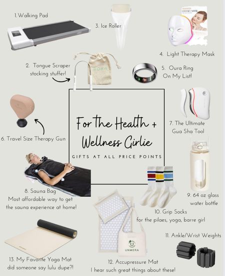 Gift guide for the health and wellness girls. Christmas gifts at all price points from splurge worthy to stocking stuffers! 

Sauna, walking pad, gripper socks, acupressure, glass water bottle, lululemon dip yoga mat (I have this!), gua sha, light therapy mask, oura ring, and more! 

#LTKGiftGuide #LTKfitness #LTKbeauty