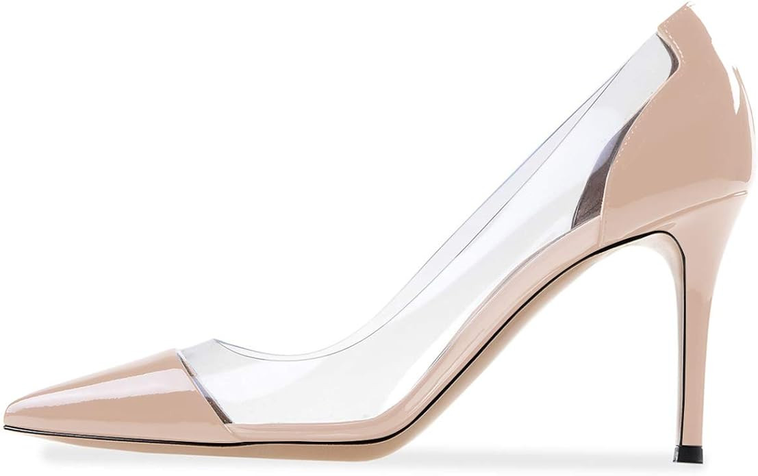 SAMMITOP Women's 80mm Pointed Toe Transparent Pumps Clear PVC High Heels Dress Shoes | Amazon (US)