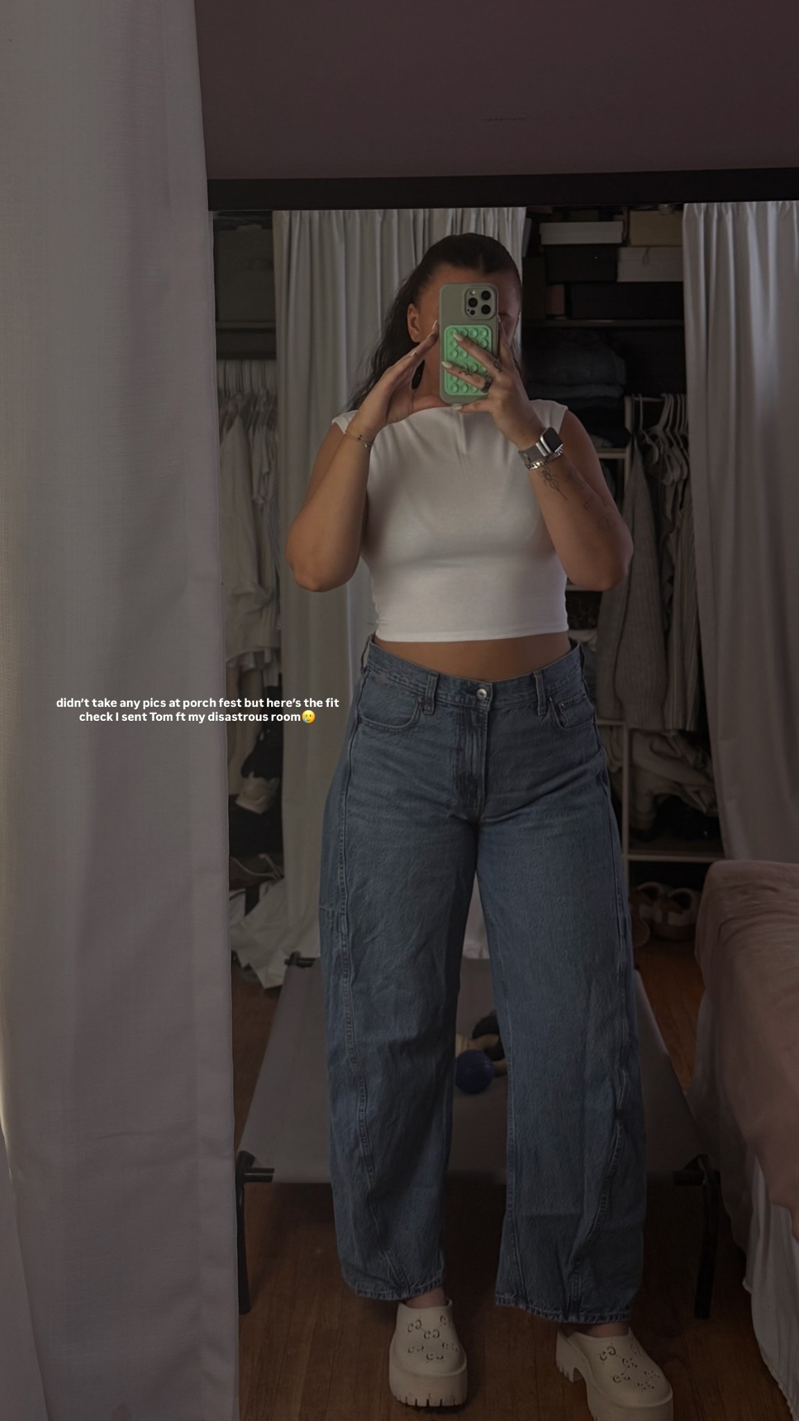 didn’t take any pics at porch fest but here’s the fit check I sent Tom ft my disastrous room🥲